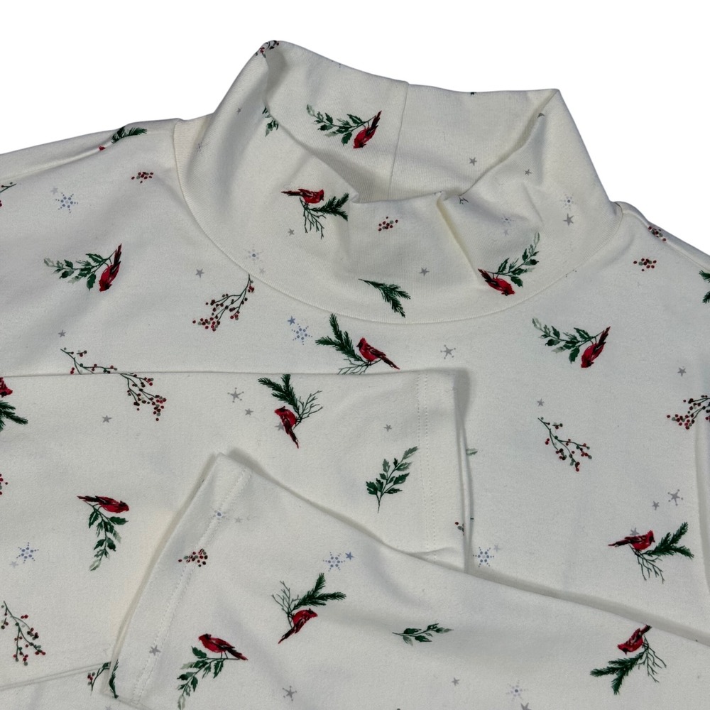 Croft & Barrow Womens Mock Neck Tunic Top Cream Cardinal Bird‎ Print Size XXL